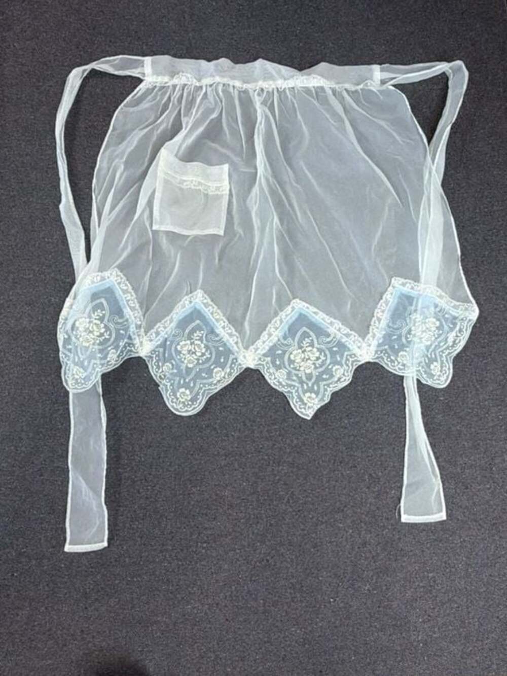Vintage Sheer White Organza Half Apron with Blue Floral Lace Trim